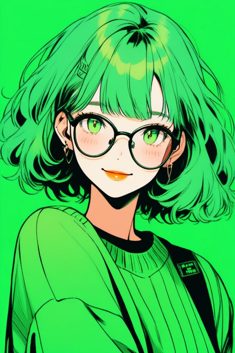 (best quality, sketch:1.2),realistic,illustrator,anime,1 girl, detailed lips, sweater, custom, green gradient background, neon hair, Green hair, short cut, blunt bangs, wearing glasses, innocent, lively, free-spirited, childlike smile, cute smile, Gentle feeling, textured cropping, masterpiece, style retro classic, noir dark