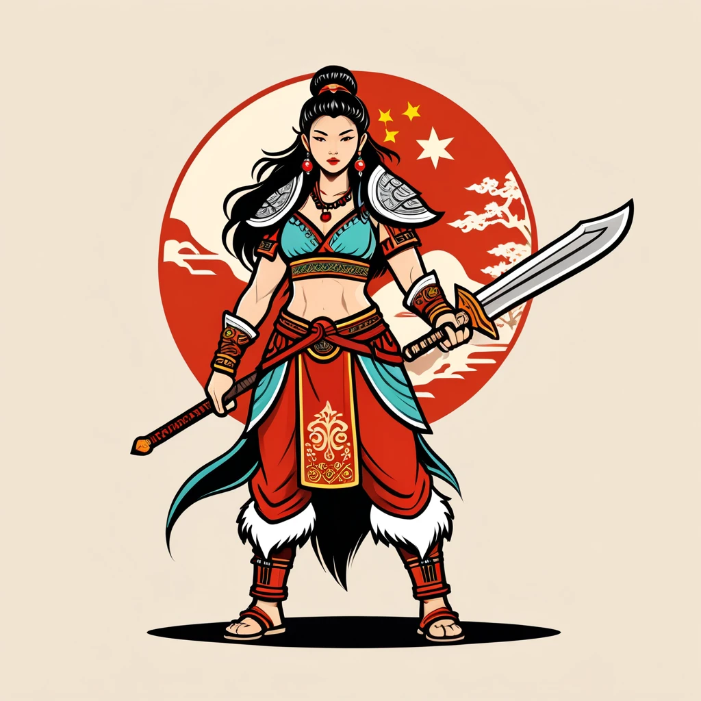 female barbarian in chinese folk outfit, vector graphics, strong contours, logo design