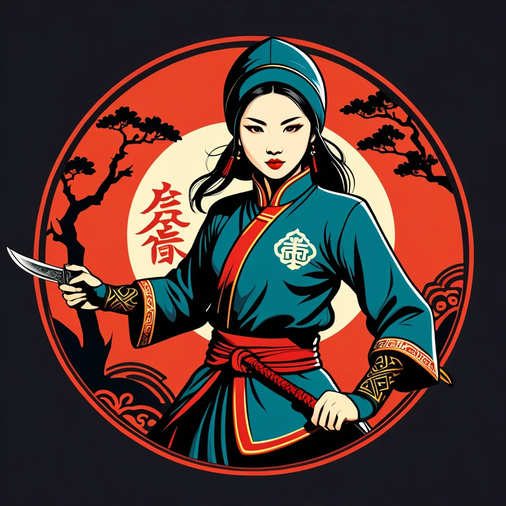 female thief in chinese folk outfit, vector graphics, strong contours, logo design