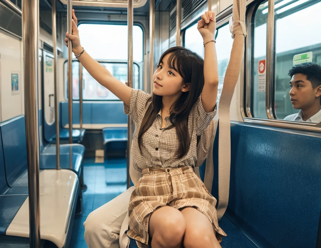 girl holding hand grip in train, arm up