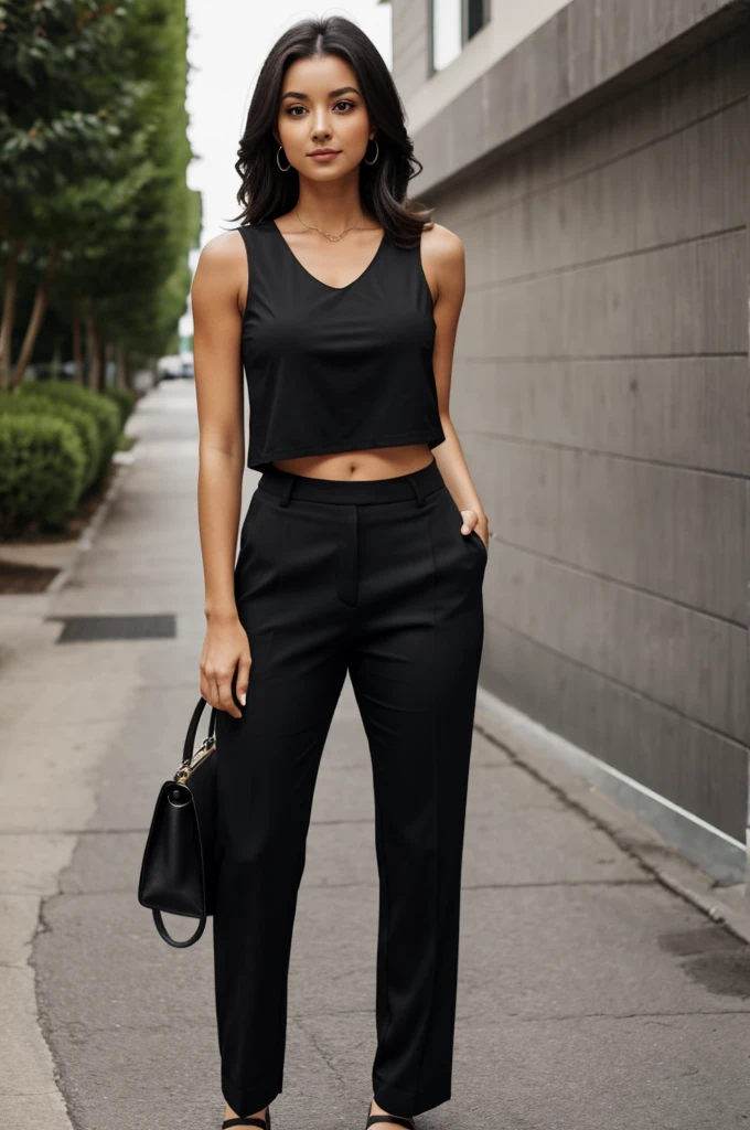 A woman in a black top and pants