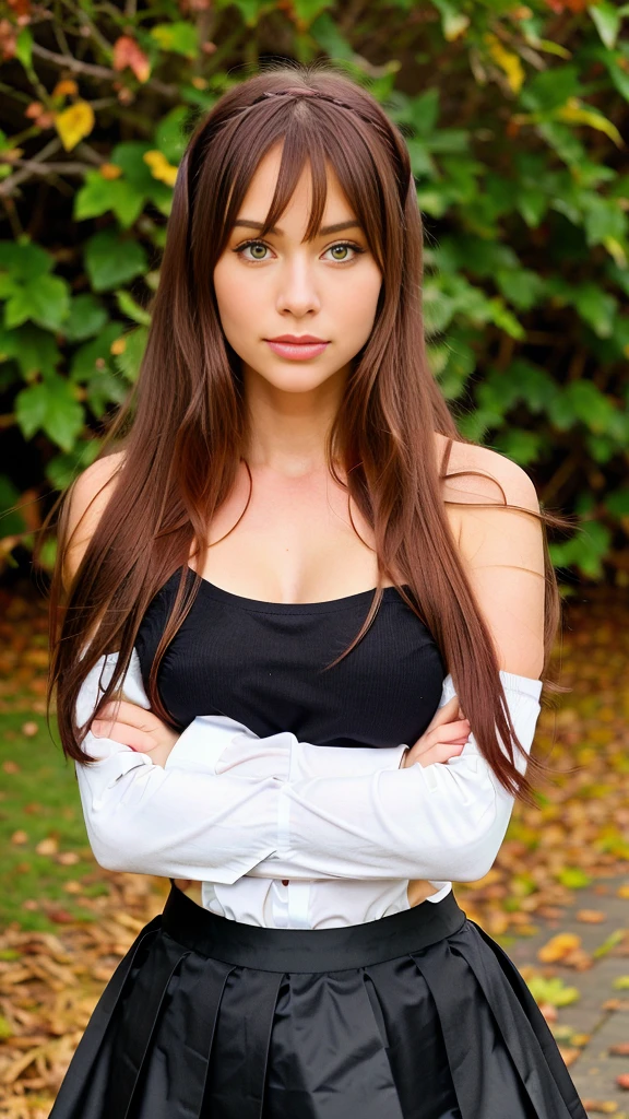 hyper realistic, 1woman, beautiful goddess, solo, long hair, ahoge, red eyes, red hair, bare shoulders,hairband, crossed arms,blush, skirt, black hairband, breasts, detached sleeves,bangs, hair between eyes, long sleeves, hair flaps, closed mouth, black skirt, brown skirt, shirt, crossed bangs, very long hair, white shirt,biwm,pointing at self,shouting, sexy