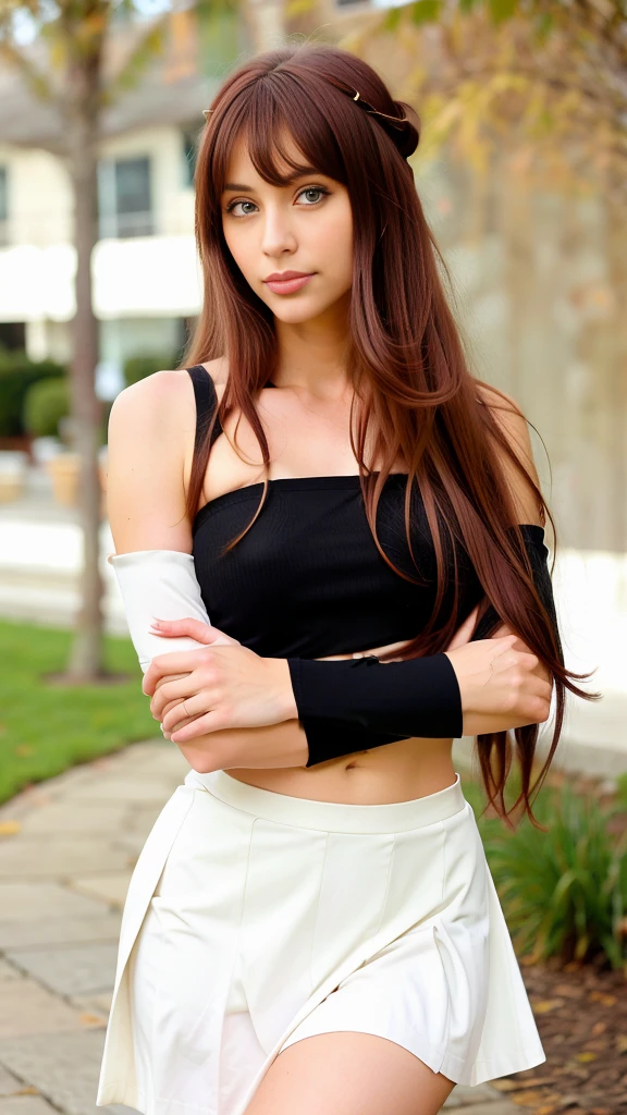 hyper realistic, 1woman, beautiful goddess, solo, long hair, ahoge, red eyes, red hair, bare shoulders,hairband, crossed arms,blush, skirt, black hairband, breasts, detached sleeves,bangs, hair between eyes, long sleeves, hair flaps, closed mouth, black skirt, brown skirt, shirt, crossed bangs, very long hair, white shirt,biwm,pointing at self,shouting, sexy