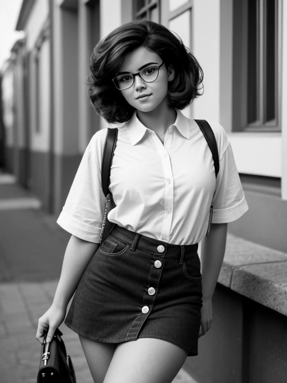 ((Monochrome Photography)), (black and white image), masterpiece, photo paper effect, Film grain, (((raw monochrome photo of a Soviet student in the style of the 80s))), filmed "Svema" SLR camera "Zenit-3", Humanity, photo of a charming chubby Russian student 18 years old with aesthetic soft small natural breasts with large beautiful pale pink ????? nipples, very beautiful round young face(focus on perfect angelic face), round cheeks, round chin, beautiful proportional small wide nose, Realistic expressive dark brown eyes, long eyelashes, open friendly look, glasses with lenses, plump sensual lips, Mysterious Half-Smile, realistic very tousled dark brown tousled short hair, short tousled tousled hair(80s rocker-style hairstyle), whole body, short stature, Teenage Physique, short torso, Narrow hips, narrow pelvis, beautiful hands and feet with graceful fingers, separated thighs, shameless carefree behavior, Stylish, elegant, loose-fitting, untucked button-down shirt, black miniskirt, striped oversized knee socks, Converse sneakers,  (I don&#39;t wear a bra because I don&#39;t want to), realistic atmosphere of the USSR 80s, Portrait-Medium shot, whole body, free pose, in the park, sunny day, natural natural light, everyday interaction with people around you, daylight, realistic human skin textures, Realistic clothing textures, realistic background textures, realistic Leningrad 80s on the background, realistic glasses with distorting lenses, reflections of sunlight on glasses lenses,