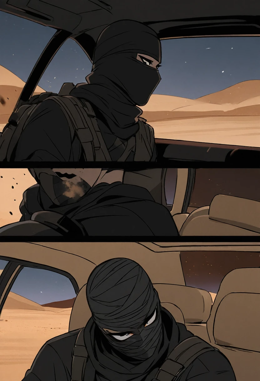 Male arab modern terrorist, terrorist, black balaclava, black bandage, , black clothes, thin waist, femboy, light skin, makeup, black eyeliner, big eyelashes, black eyeshadow, choker, inside the car, desert, night, sandstorm