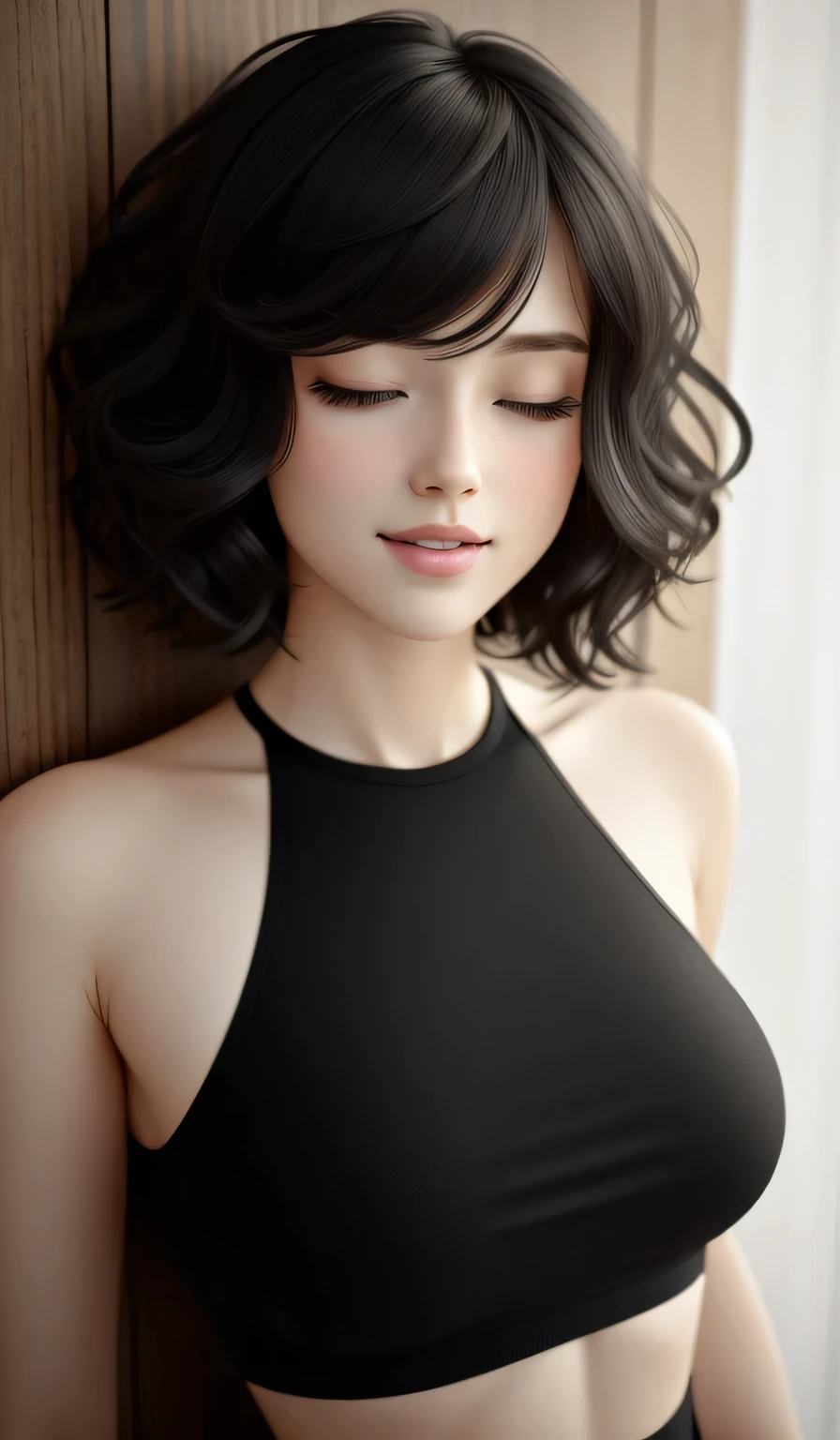 (best quality,4k,8k,highres,masterpiece:1.2),ultra-detailed,(realistic,photorealistic,photo-realistic:1.37),portraits,sexy,cute,woman,short black hair,bob style,beautiful face,plump face,seductive blue eyes,medium nose,deep pink blush,glossy red lips,smiling,long neck,visible collarbone,white t shirt,black graphics,shiny black pants,wooden wall,natural lighting,intimate moment