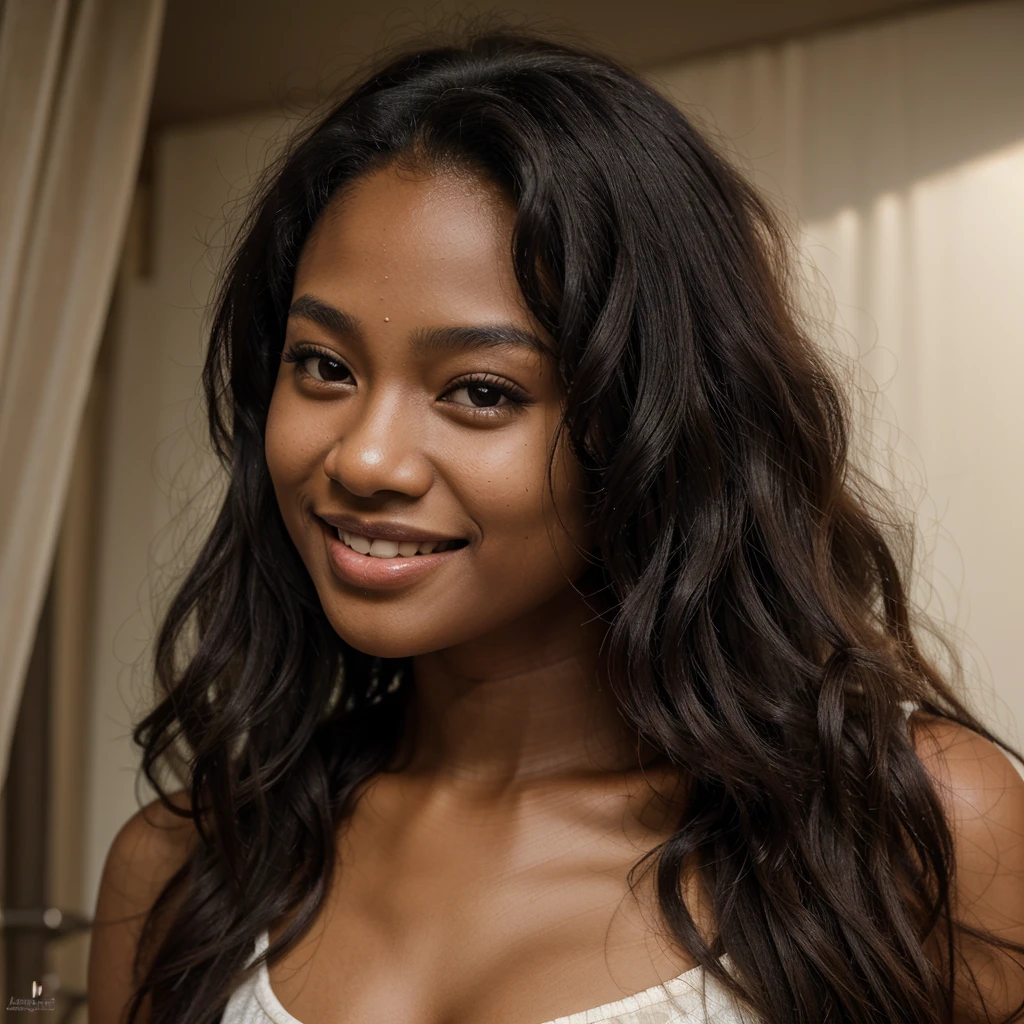 masterpiece, close up best quality, 1 girl, solo, beautiful African and sensual Asian mixed 19 year old, smiling, ebony skin female, long, frizzy, curly dark hair, perfect face, long hair