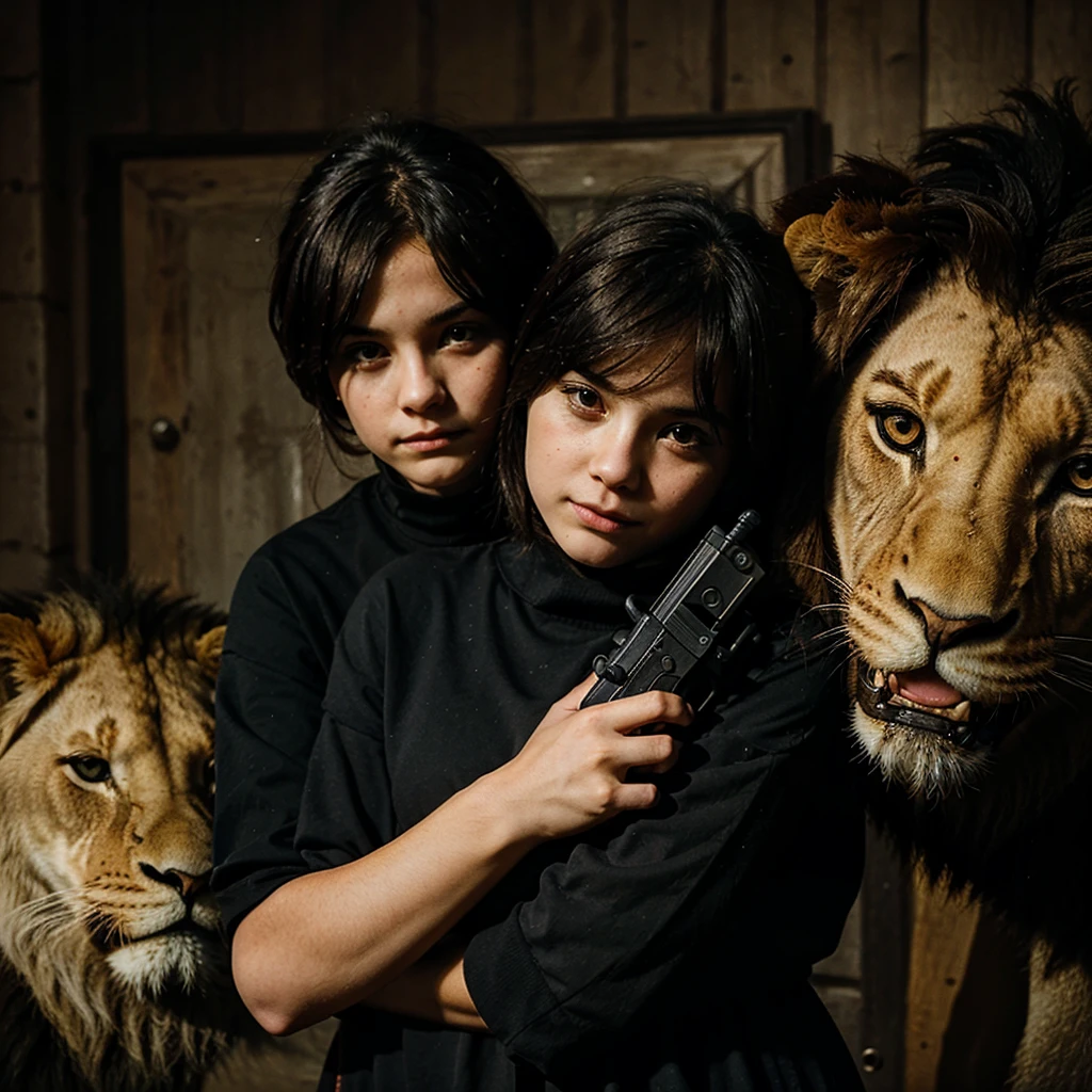 A girl with a boy-cut hugging a lion, with a gun in her hand, she's wearing all black outfit full of blood