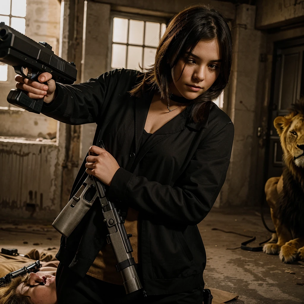 A girl with a boy-cut hugging a lion, with a gun in her hand, she's wearing all black outfit full of blood