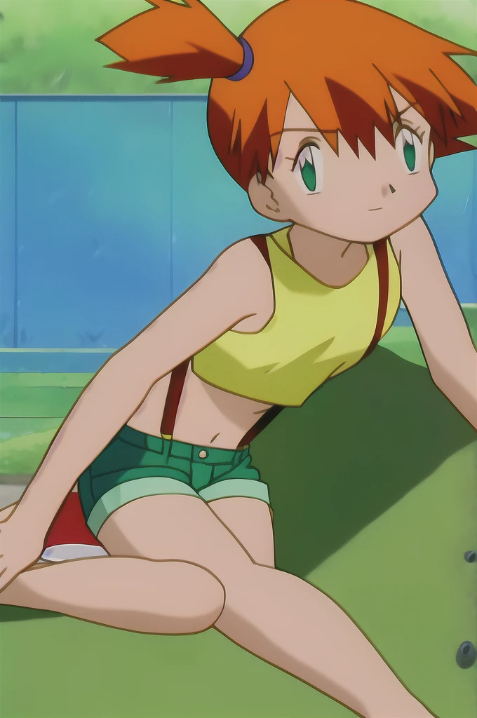 misty, 1girl, breasts, looking_at_viewer, short_hair, closed_mouth, bangs, navel, hair_between_eyes, bare_shoulders, sitting, green_eyes, full_body, lying, sleeveless, midriff, orange_hair, side_ponytail, crop_top, looking_to_the_side, eyelashes, bare_legs, sleeveless_shirt, leaning_forward, arm_support, suspenders, tank_top, denim_shorts, yellow_shirt, hair_tie, green_shorts, suspender_shorts, yellow-bikini]