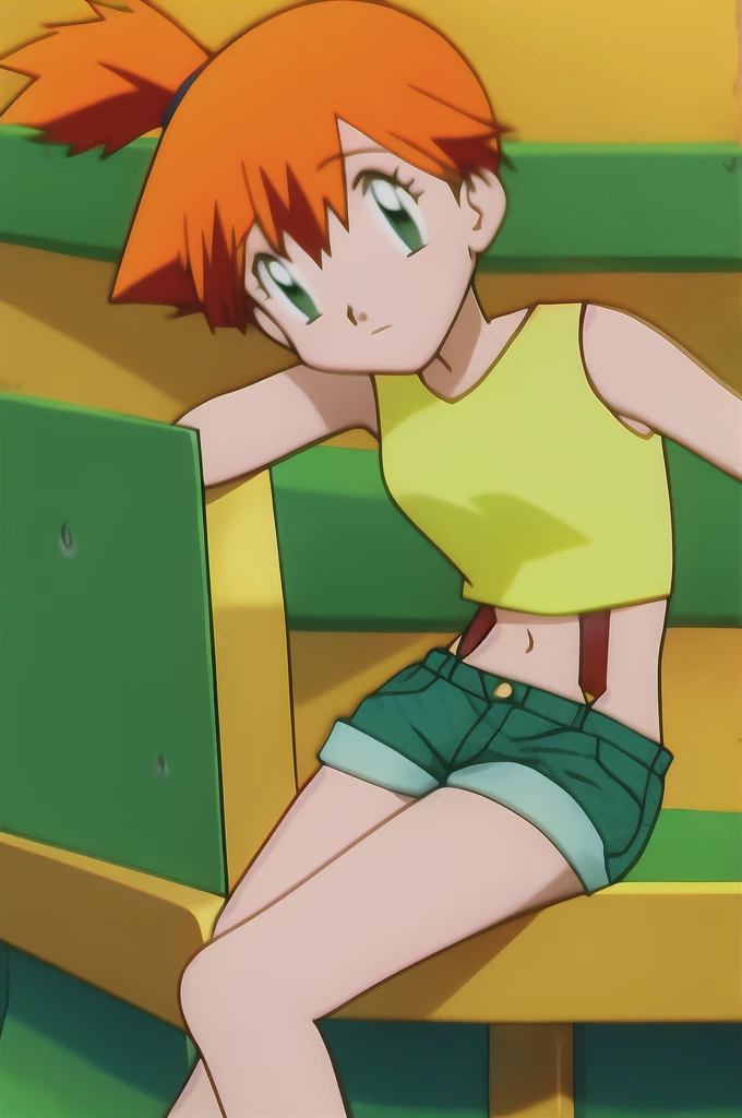misty, 1girl, breasts, looking_at_viewer, short_hair, closed_mouth, bangs, navel, hair_between_eyes, bare_shoulders, sitting, green_eyes, full_body, lying, sleeveless, midriff, orange_hair, side_ponytail, crop_top, looking_to_the_side, eyelashes, bare_legs, sleeveless_shirt, leaning_forward, arm_support, suspenders, tank_top, denim_shorts, yellow_shirt, hair_tie, green_shorts, suspender_shorts, yellow-bikini]