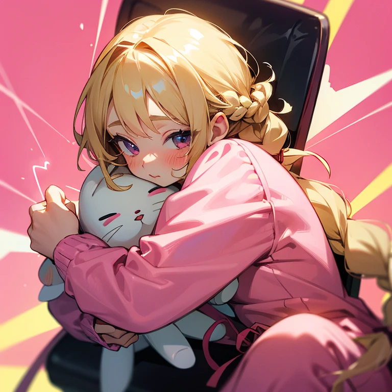 Blonde braided hair with ribbon, pink jumper suit and hugging bunny plushie, her cheek got pinched in chibi art style