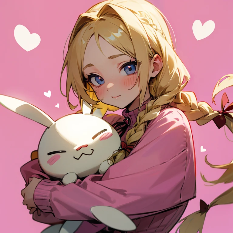 Blonde braided hair with ribbon, pink jumper suit and hugging bunny plushie, her cheek got pinched in chibi art style