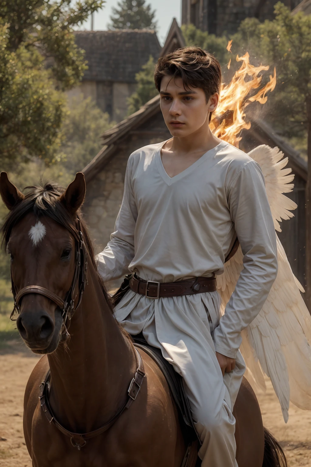 A 18-year-old male twink with a cute angel face with makeup and black hair, wearing a medieval shirt with ties, a v-neck, and long sleeves, aquamarine, and white medieval pants. He is on the battlefield, riding on a horse, carrying a sword.  He goes up with his shield in his other hand, and behind him are tents burning with flames of fire, and he looks angrily, as if a horse is galloping.