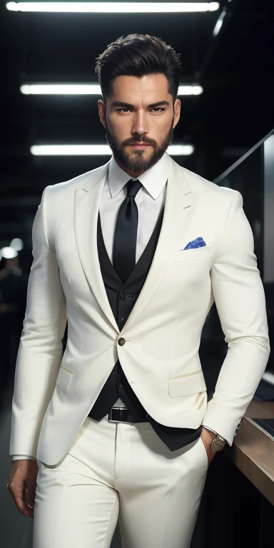(Man wearing white suit without tie), ), (wearing a beard,) Attractive and serious appearance, short dark hair, elegant and elegant, shaved and strong body fitted into the suit, Body exhibitions, (high quality and realisitic image), On the background of a stylish office, cinematic style, ((best qualityer, 8k, work of art)., photoshotrealisitic, photoshot, work of art, realisitic, 真实感, photoshot真实感, hight contrast, photoshotrealisitic digital art trending on Artstation 8k HD high definition detailded realisitic, detailded, texture skin, hyper detailded, realisitic texture skin, armour, best qualityer, ultra high resolution, (photoshotrealisitic:1.4),, high resolution, detailded, raw photoshot, re sharp, by lee jeffries nikon d850 film stock photoshotgraph 4 kodak portra 400 camera f1.6 lens rich colors hyper realisitic lifelike texture dramatic lighting unrealengine trending on artstation cinestill 800,
