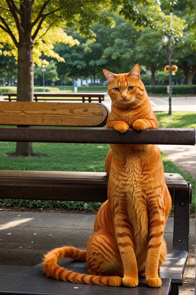 Close-up of a very fat and tall orange cat sitting alone on a park bench, looking sad.