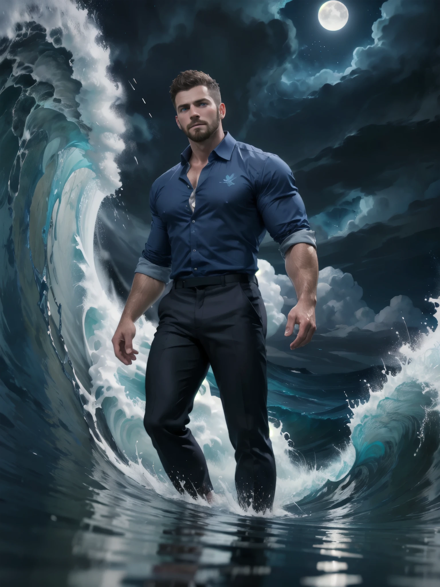 (Ocean greek god), hydromancer, muscular mature male, water magic, handsome, short beard, short hair, mystic, modern outfit, masterpiece, eye focus, best quality, anatomically correct, ((dark-blue royal shirt )), (walk on water: 1.15), water particles flying around, ocean, huge waves behind character, ((storm)), huge waves around character, night, night sky, mystic, moon,