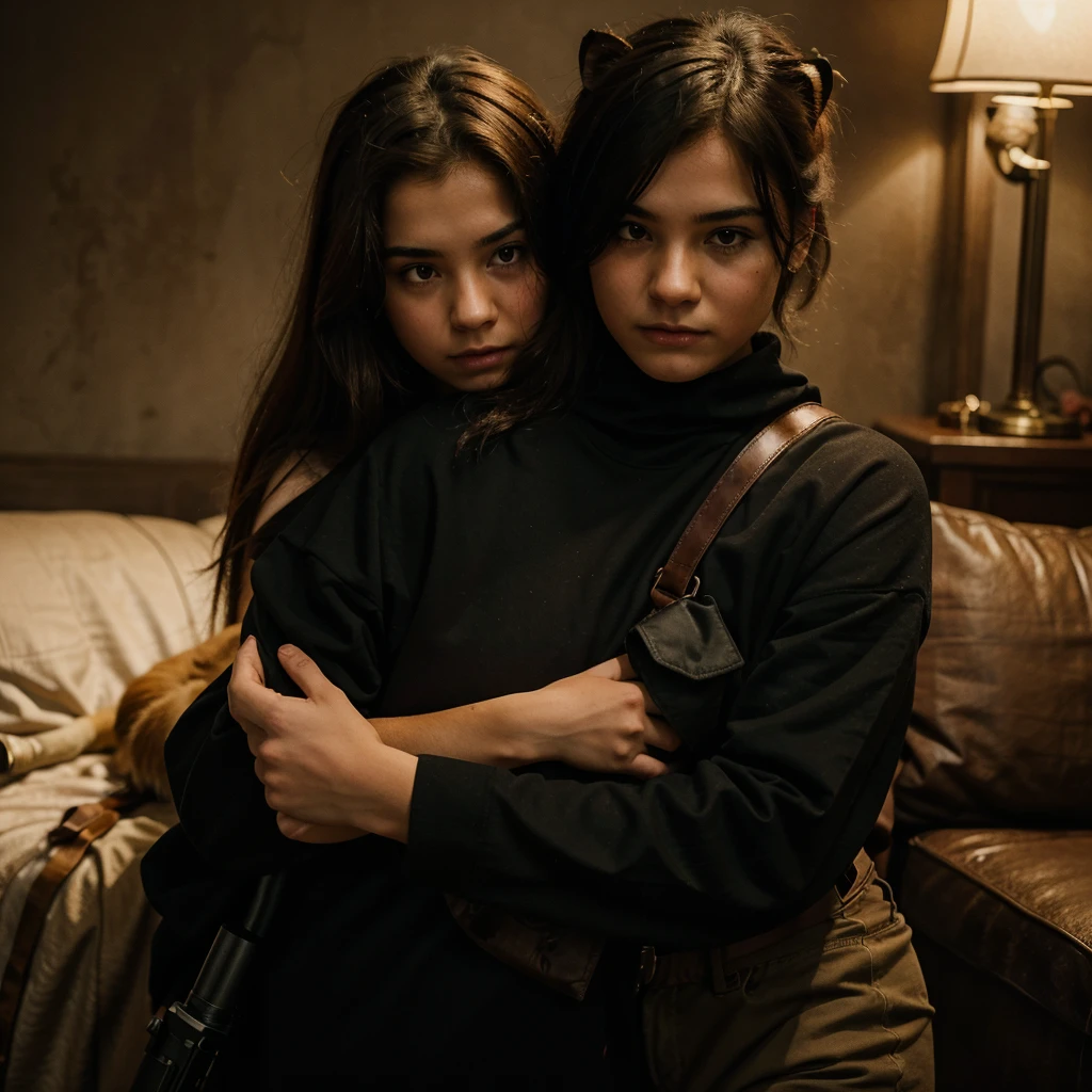A girl with a boy-cut hugging a lion, with a gun in her hand, she's wearing all black outfit full of blood