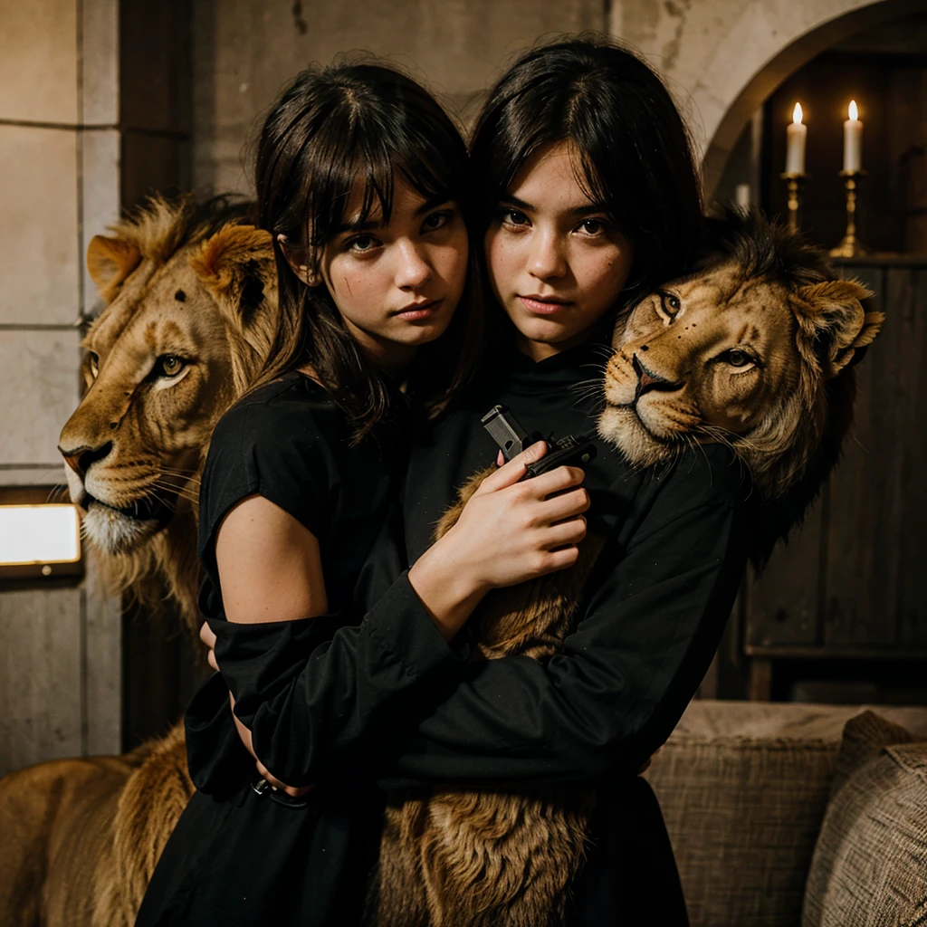 A girl with a boy-cut hugging a lion, with a gun in her hand, she's wearing all black outfit full of blood