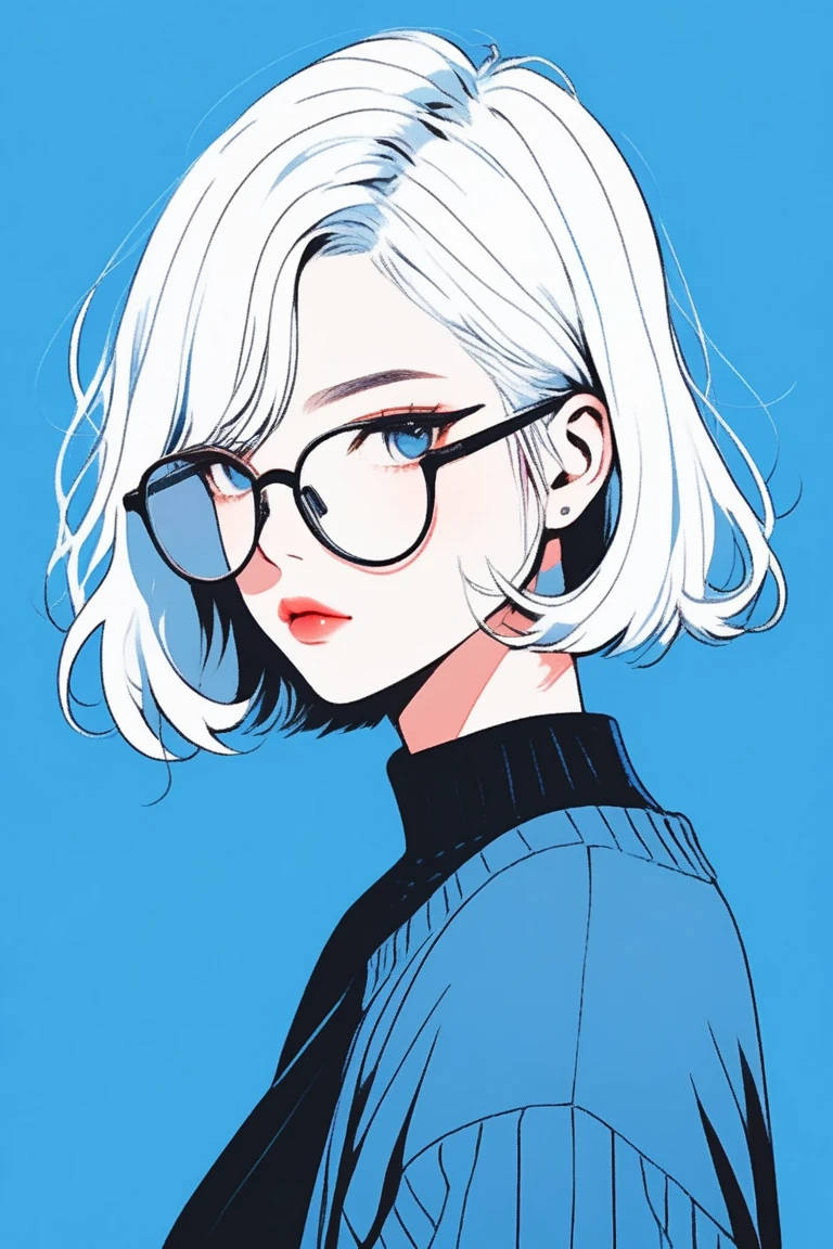 (best quality, sketch:1.2),realistic,illustrator,anime,1 girl, detailed lips, sweater, custom, blue gradient background, neon hair, White hair, short cut, straight hair, wearing glasses, sincere, diligent, serious, expressionless, blue clothes, textured cropping, masterpiece, style retro classic, noir dark 