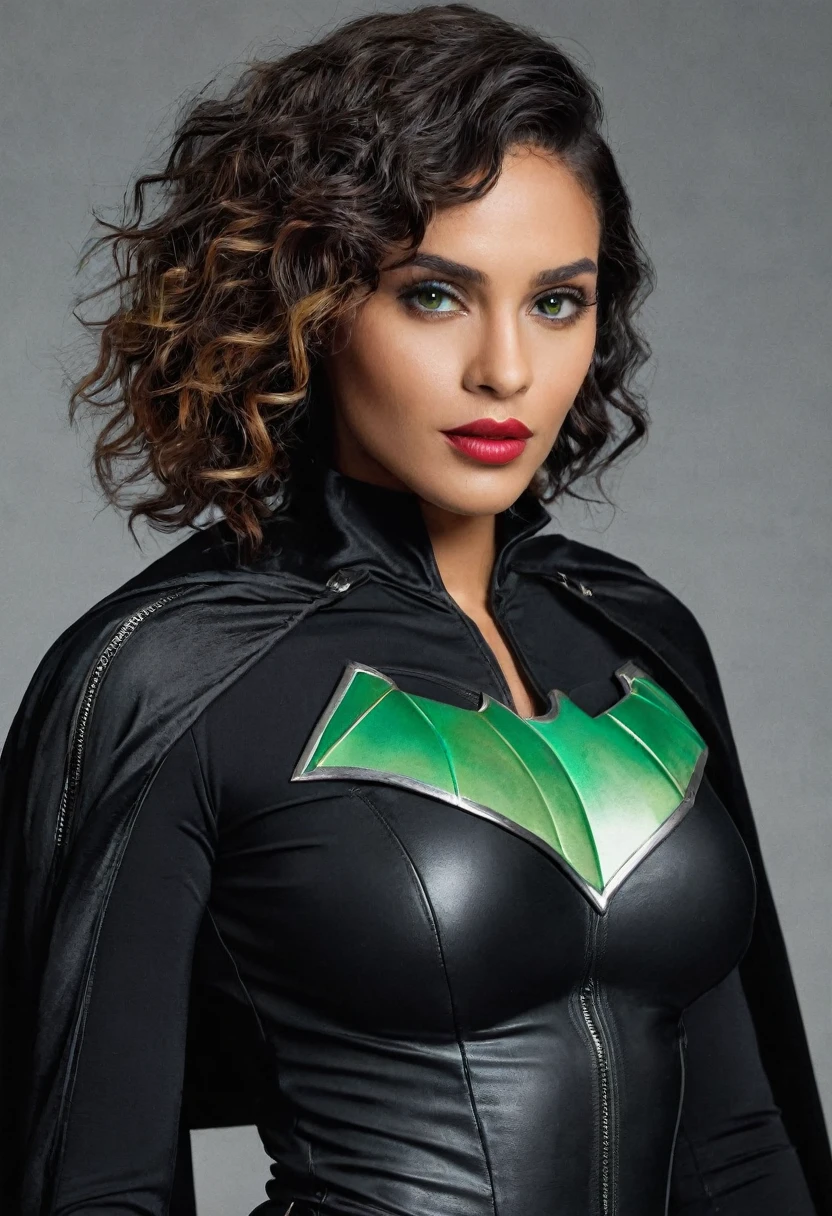Create an image of Helena Furtado, also known as the Dominant Lady. She is a 35-year-old woman with mixed Afro-Brazilian and European heritage. Her skin has a light olive tone with a natural glow. Her hair is dark brown with a natural wavy texture, styled into a long asymmetrical bob that falls just below her shoulders, with long side bangs. His eyes are green, intense and expressive. She has high, well-defined cheekbones, full, well-shaped lips, and a nose with a slightly wide bridge.
In the superhero costume, Dama Dominante wears a black costume with red and silver details, made from a special bullet- and cut-proof material. She wears a black mask that covers half her face, leaving her green eyes free. His attire includes a short, black cape reinforced for durability, a utility belt with discreet compartments for his equipment, black thigh-high boots with thick heels, and black, elbow-length gloves. His posture is haughty and confident, exuding authority and command. The image must convey the strength, elegance and dominant presence of Helena Furtado. Image with full body, perfect anatomy, complete structure, 4k rendered.