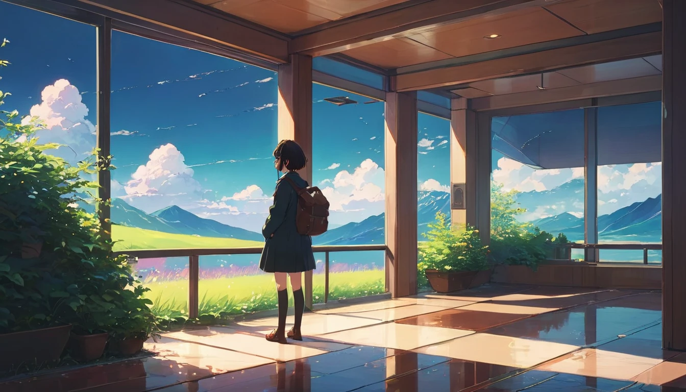 (Masterpiece:1.5), (Lofi anime Aesthetic:1.9), (best quality:1.5), anime style (([makoto shinkai])), makoto shinkai&#9, background anime full hd, conceptual artwork, tumblr, magical realism, cute anime, anime full hd, (anime movie backgrounds), Ultra range of scene details, Beautiful woman, long hair, beautiful and bright eyes, natural beauty body, (Lofi anime style), ((melhor qualidade)), ((obra de arte)), (detalhado), 1 garota, suéter ombro a ombro, lo-fi anime aesthetic, background beautiful, high quality