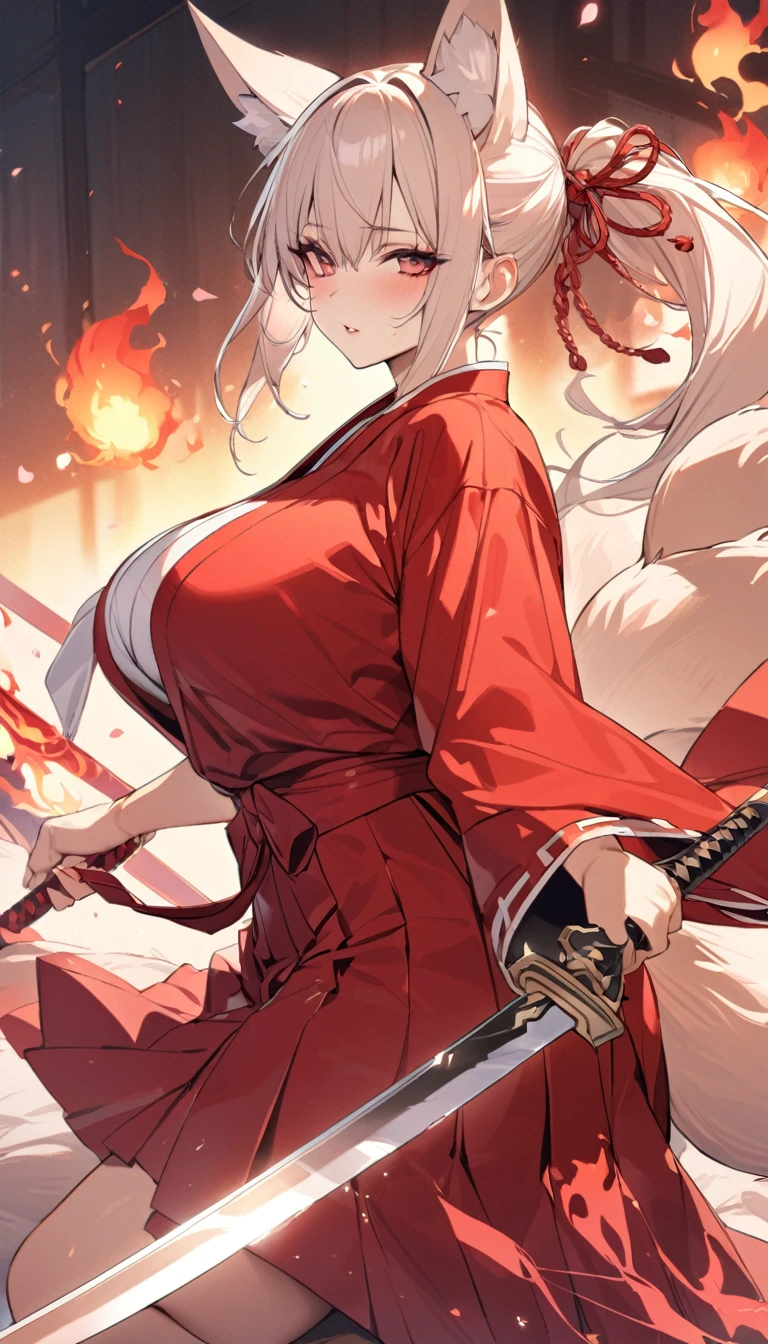 Red long ponytail、Fox ears and nine fox tails of the same color as her hair、A sword with a burning blade、A man wearing a red jacket and hakama、Very large bust、Cherry blossoms and flames scatter、Older sister、Masterpiece、8k