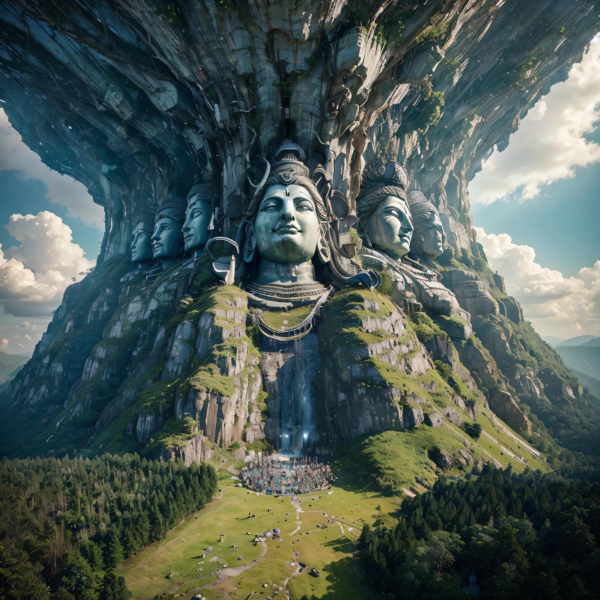 8K Ultra HDR, drone view. A majestic mountain peak shrouded in mist. A colossal Lord Shiva statue, his form adorned with emerald moss, sits serenely atop the peak. His mighty Trishul rests beside him. A cascading waterfall tumbles down the mountainside, its powerful flow dwarfing the trees below. The drone view captures the awe-inspiring scale of the scene, showcasing the power of nature and the serenity of the Lord Shiva statue.