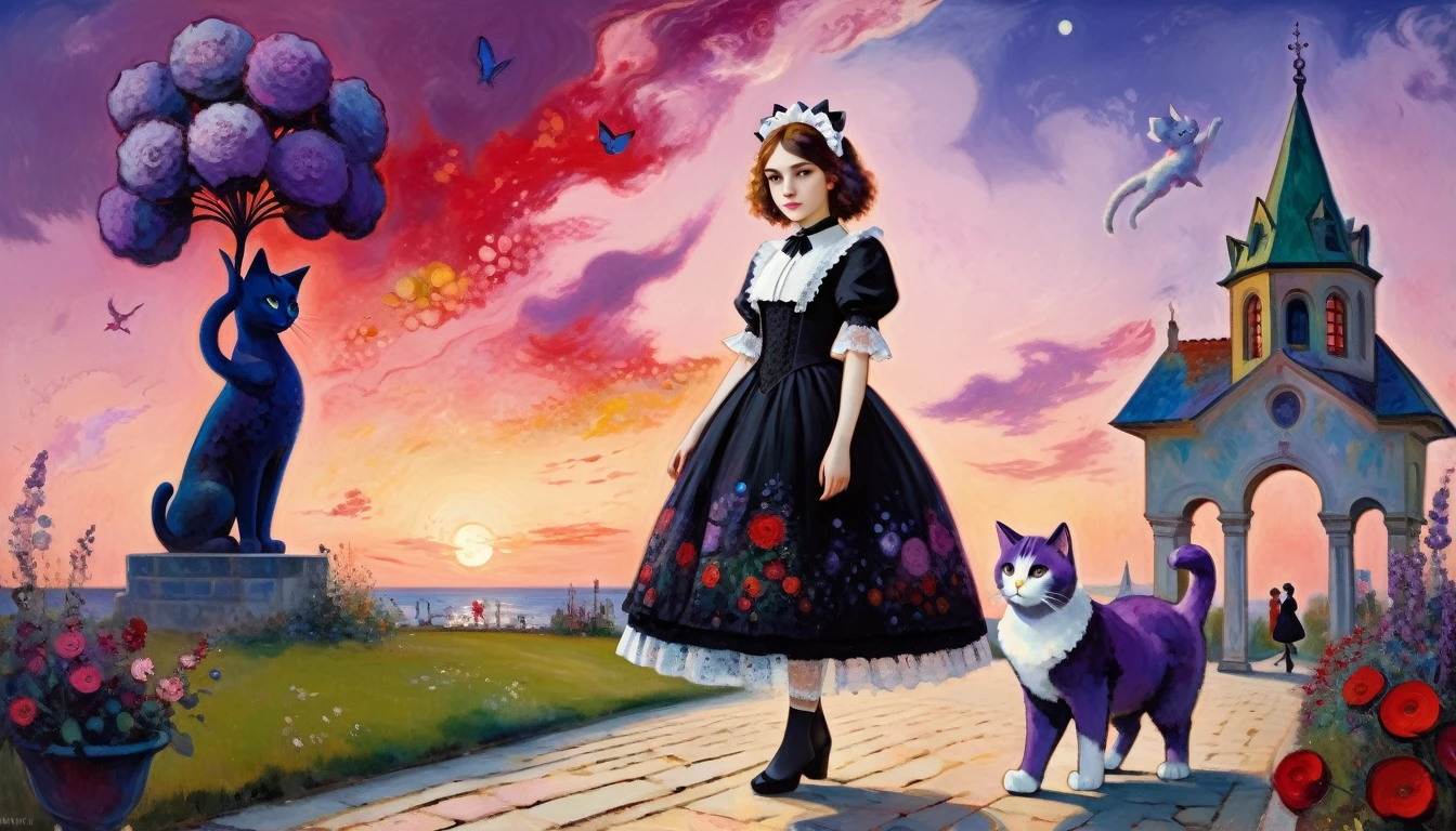 (Girl with giant big liliac cat) crimson sunset promenade, Baroque, Gothic lolita, cute, 1 girl, solo, full body, black dress, absurdity, white lace, ((Marc Chagall style)), magical naive art, primitivism, protogen,((Better quality, masterpiece)),
(Higher detail), Impressionism: 1.1, 8k
