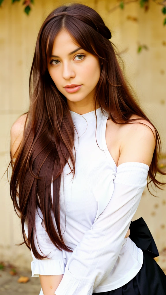 hyper realistic, 1woman, beautiful goddess, solo, long hair, ahoge, red eyes, red hair, bare shoulders,hairband, crossed arms,blush, skirt, black hairband, breasts, detached sleeves,bangs, hair between eyes, long sleeves, hair flaps, closed mouth, black skirt, brown skirt, shirt, crossed bangs, very long hair, white shirt,biwm,pointing at self,shouting, sexy