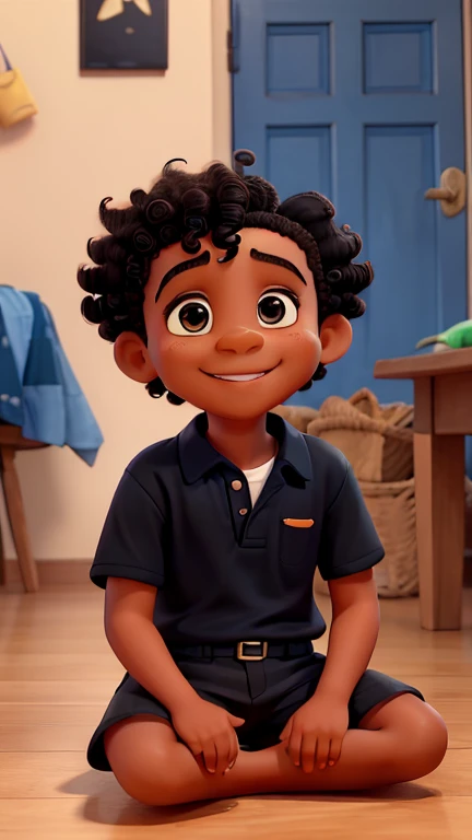 a photo of David, an 8 year old boy, happy and smiling, fat, African, black skin, short black curly hair, black eyes, blue shirt and black shorts, black shoes, sitting on the floor saying goodbye and looking at the camera