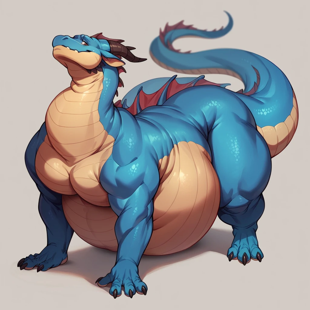 Fat obese dark blue male Raptor, has blue scales, has brown eyes, fat, overweight, massive belly, vore, large massive stomach, feral, dragon fat micro city