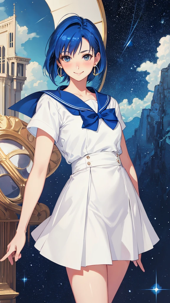 (Solo, 1girl in), (absurderes, hight resolution, official wallpaper, poster for), (masutepiece, Best Quality:1.2), (Illustration, Realistic), (perfect  detail, highest details, ighly detailed), Dramatic light, Ami Mizuno, (Sailor Mercury, Neck ribbon, Blue hair, Short hair, circlet, Jewelry, Crescent Earrings), (city, Starry sky), (white thighhig, ,Seductive smile, blush, Standing) (Dress, Skirt)SF02 The molester&#39;s three fingers are inserted into her pussy that has been coated with a powerful aphrodisiac, and she closes her eyes as her face turns crimson to the point where even her ears seem abnormal.『feels good〜　more　more　Ikiso　orgasm　orgasm　I'll go〜』- She screamed and reached a fierce climax