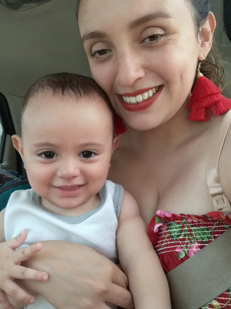 There's a woman holding a baby with a pacifier in her mouth, imagem de perfil, imagem de qualidade muito baixa, feliz com a boca aberta, with a kid, Upload de alta qualidade, com hera, foto de perfil, holding it out to the camera, maximus jacobs, Directed by: Nandor Soldier, Looking at camera!!!, 3 5 year brazilian mother, Tongue out
