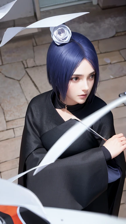 (((akatsuki outfit,Xiao clothing, ninja, black cloak,black coat, (((heavy,the woman \(naruto\),the woman, blue hair, Orange pupils, short hair, hair ornament, flower, hair flower, ))),(((wide hips))),S-shaped body:1.7))),((masterpiece)),high resolution, ((Best quality at best)),masterpiece,quality,Best quality,((( Exquisite facial features,looking at the audience,There is light in the eyes,shy,blush,pain,endure ))),(((Light and shadow interlace,super gigantic ,cleavage))),(((looking into camera,from above,looking down,looking into camera,white paper airplane,white paper,Hands hidden in sleeves ,sexy body)))