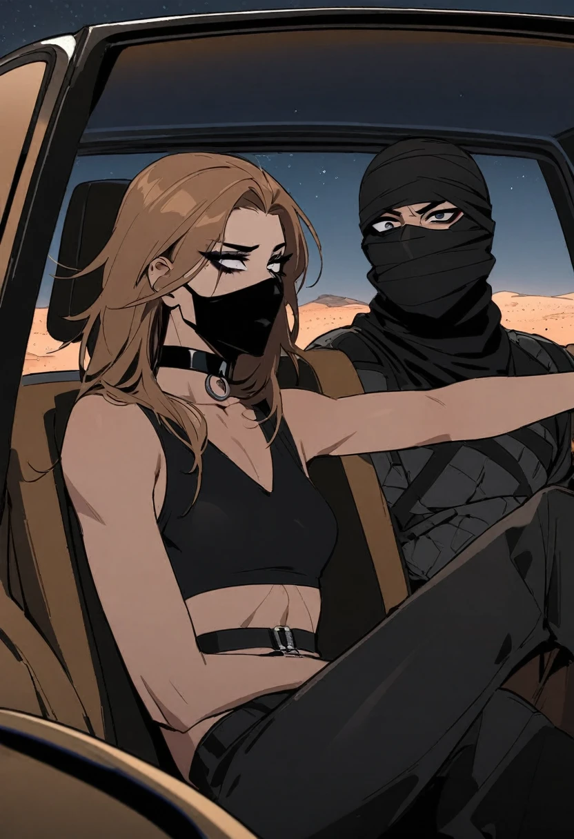 Male arab modern terrorist, terrorist, black balaclava, black bandage, white eyes, black clothes, thin waist, femboy, light skin, makeup, black eyeliner, big eyelashes, black eyeshadow, choker, inside the car, desert, night, duo, 1girl, brown long hair girl,