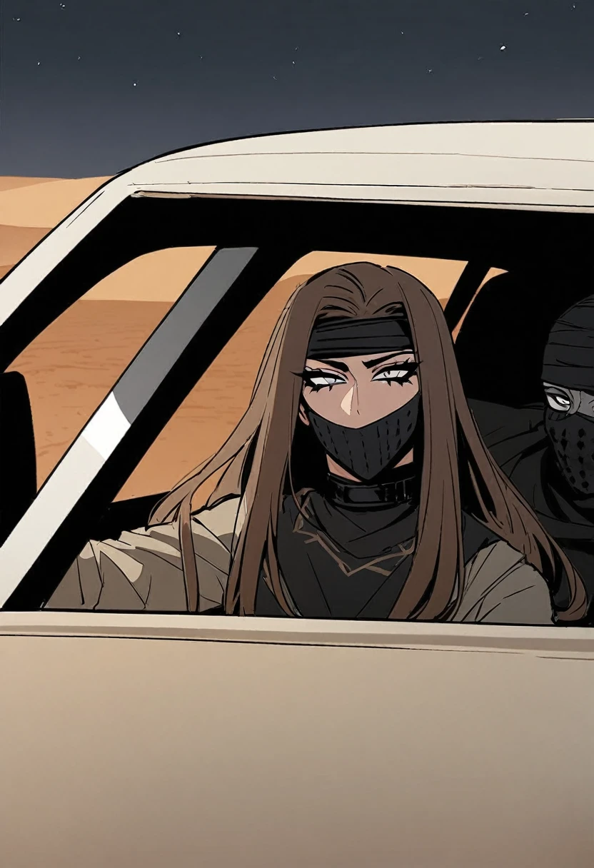 Male arab modern terrorist, terrorist, black balaclava, black bandage, white eyes, black clothes, thin waist, femboy, light skin, makeup, black eyeliner, big eyelashes, black eyeshadow, choker, inside the car, desert, night, duo, 1girl, brown long hair girl,