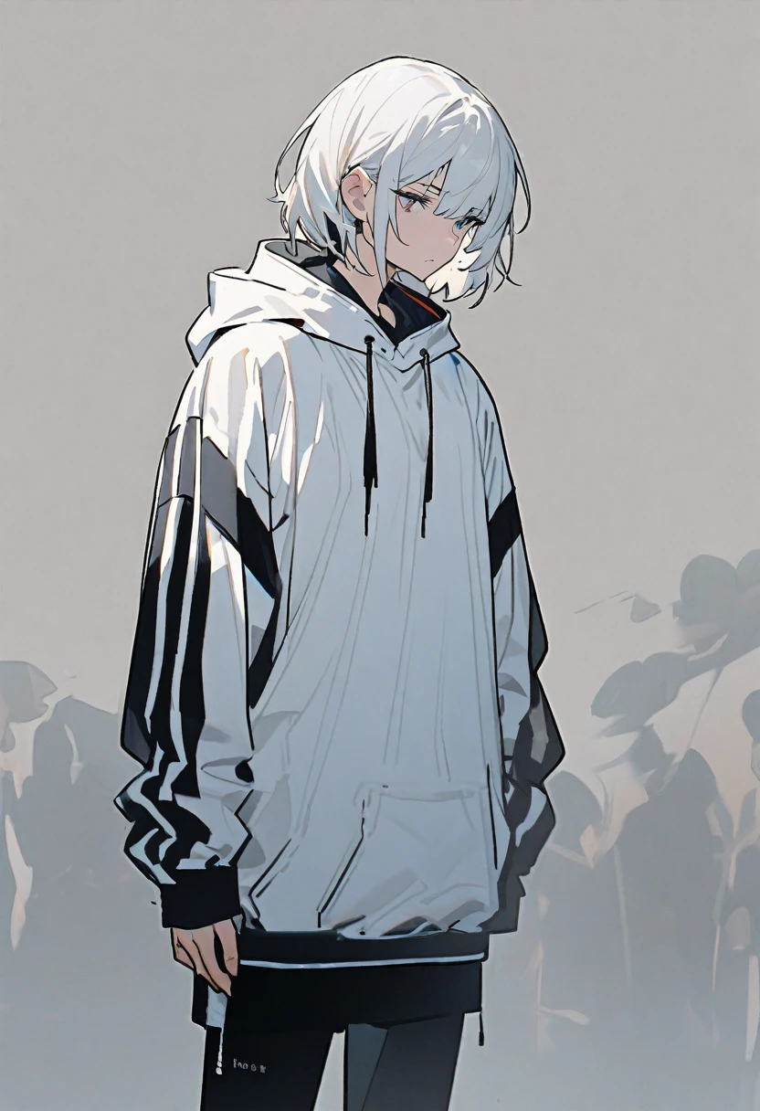 White Hair,　３０Daio, Bad look,　hoodie,　Are standing, Background white,