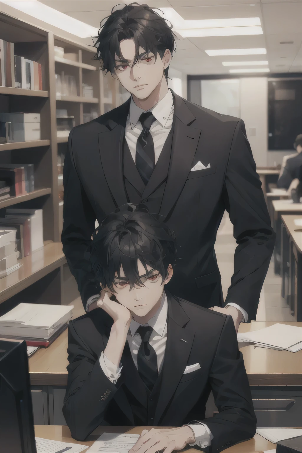 man, mid age, black hair, red eyes, serious expression, elegant desk, suit 