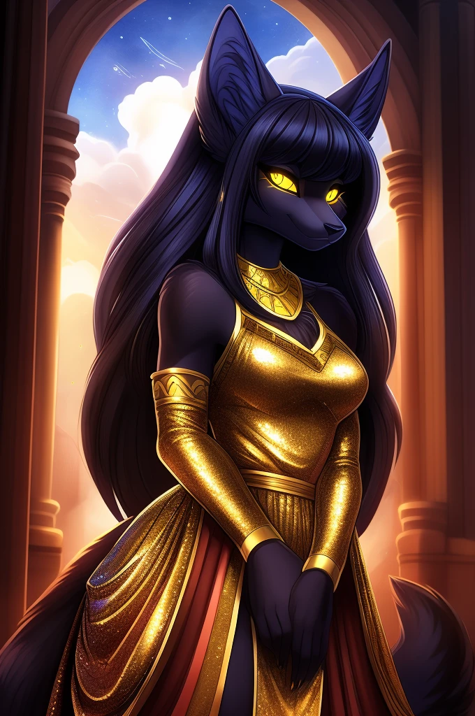 From author nnegrayfox, furry, anthro, beautiful breathtaking tall Anubis woman, very long hair with hair bangs, dark black fur, black body, glowing gold eyes, спортивная фигура, большой бюст, бедра, gold sequin dress with gold jewellery,  соблазнительная, goddess, celestial, divine, gold coins,

portrait, watercolour with ink pen outline, renaissance, comic character, elegant, 
atmospheric, hyper-detailed, 32k,