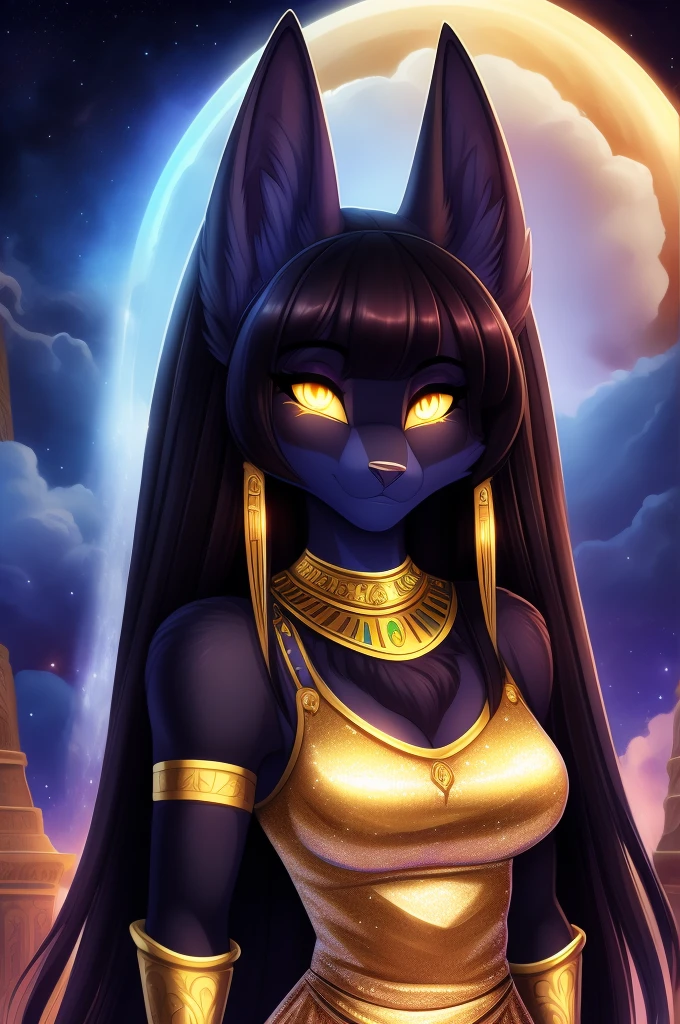 From author nnegrayfox, furry, anthro, beautiful breathtaking tall Anubis woman, very long hair with hair bangs, dark black fur, black body, glowing gold eyes, спортивная фигура, большой бюст, бедра, gold sequin dress with gold jewellery, соблазнительная, goddess, celestial, divine, gold coins,
portrait, watercolour with ink pen outline, renaissance, comic character, elegant,
atmospheric, hyper-detailed, 32k,