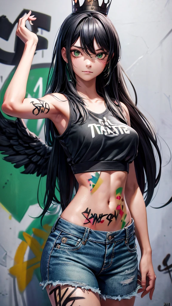(cowboy shot), (Best Quality, ultra high resolution, depth of field:1.2), adult, 1 woman, toned body, medium breasts, Wide hips, Alone, black hair with two green strands , striped hair, Long hair, hits, black and green crop top,with a crown,and wings on the back, denim shorts, (Graffiti:1.4), paint stained clothes, Curved, against the wall, looking at the viewer, upturned eyes, nod, bored, hands relaxed at sides.