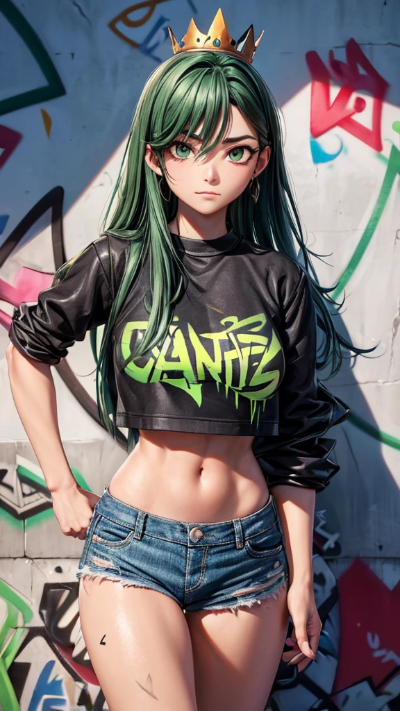 (cowboy shot), (Best Quality, ultra high resolution, depth of field:1.2), adult, 1 woman, toned body, medium breasts, Wide hips, Alone, black hair with two green strands , striped hair, Long hair, hits, black and green crop top,with a crown,and wings on the back, denim shorts, (Graffiti:1.4), paint stained clothes, Curved, against the wall, looking at the viewer, upturned eyes, nod, bored, hands relaxed at sides.