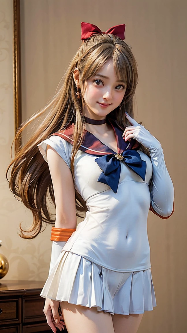 (masterpiece), (Highest quality), (Super detailed),(figure), (One girl),View your viewers, (interview),Beautiful attention to detail, Delicate and beautiful face, floating,(High saturation),(The Shining), sv1, Venus 1, Sailor Warrior Uniform, Sailor Venus, Minako Aino, Blonde, Magical girl, blue eyes, White panties, Orange Skirt, Elbow hand pockets, tiara, Pleated skirt, Hair Ribbon, Orange Sailor Collar, mini skirt, choker, Red Bow, Orange choker, White gloves, Very long hair, jewelry, Earrings, smile,