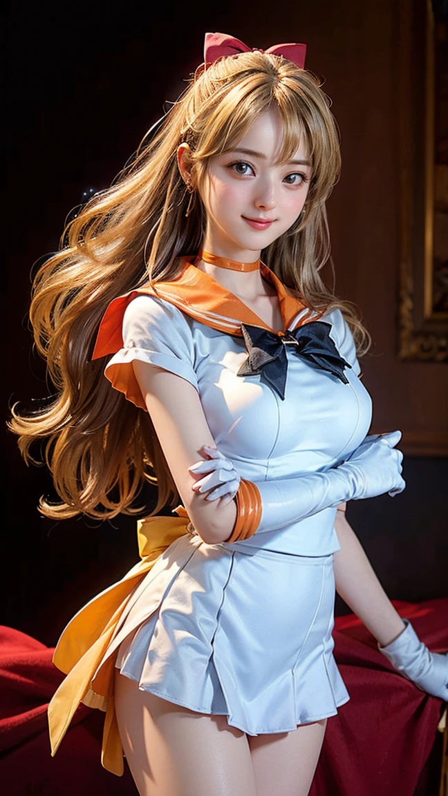 (masterpiece), (Highest quality), (Super detailed),(figure), (One girl),View your viewers, (interview),Beautiful attention to detail, Delicate and beautiful face, floating,(High saturation),(The Shining), sv1, Venus 1, Sailor Warrior Uniform, Sailor Venus, Minako Aino, Blonde, Magical girl, blue eyes, White panties, Orange Skirt, Elbow hand pockets, tiara, Pleated skirt, Hair Ribbon, Orange Sailor Collar, mini skirt, choker, Red Bow, Orange choker, White gloves, Very long hair, jewelry, Earrings, smile,