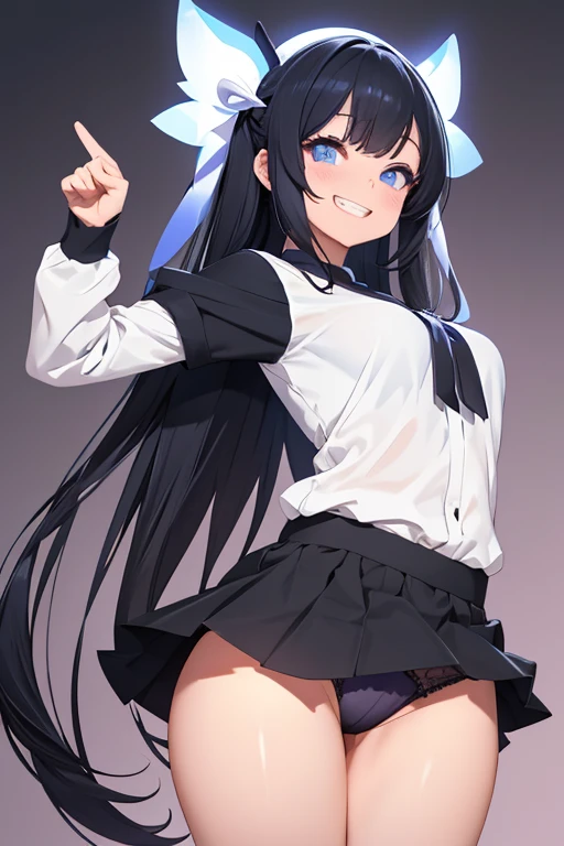 Realistic、1house wife、black hair、twin tail, Blue eyes、(eye focus:1.3,face focus),(Gradient eyes:1.3),(sexly　panties
)、open mouth,(grin:1.3),forehead,cute face、finger to mouth,((Big Ass)),((Raise your arms, 後ろから振り返った姿