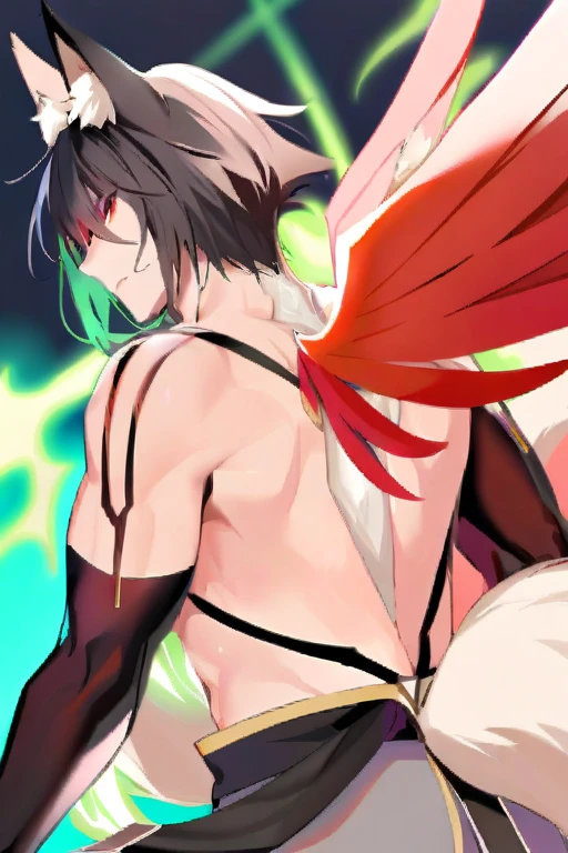 Black-haired boy with fox ears and tail surrounded by green flames with red wings on his back Red eyes, medium body