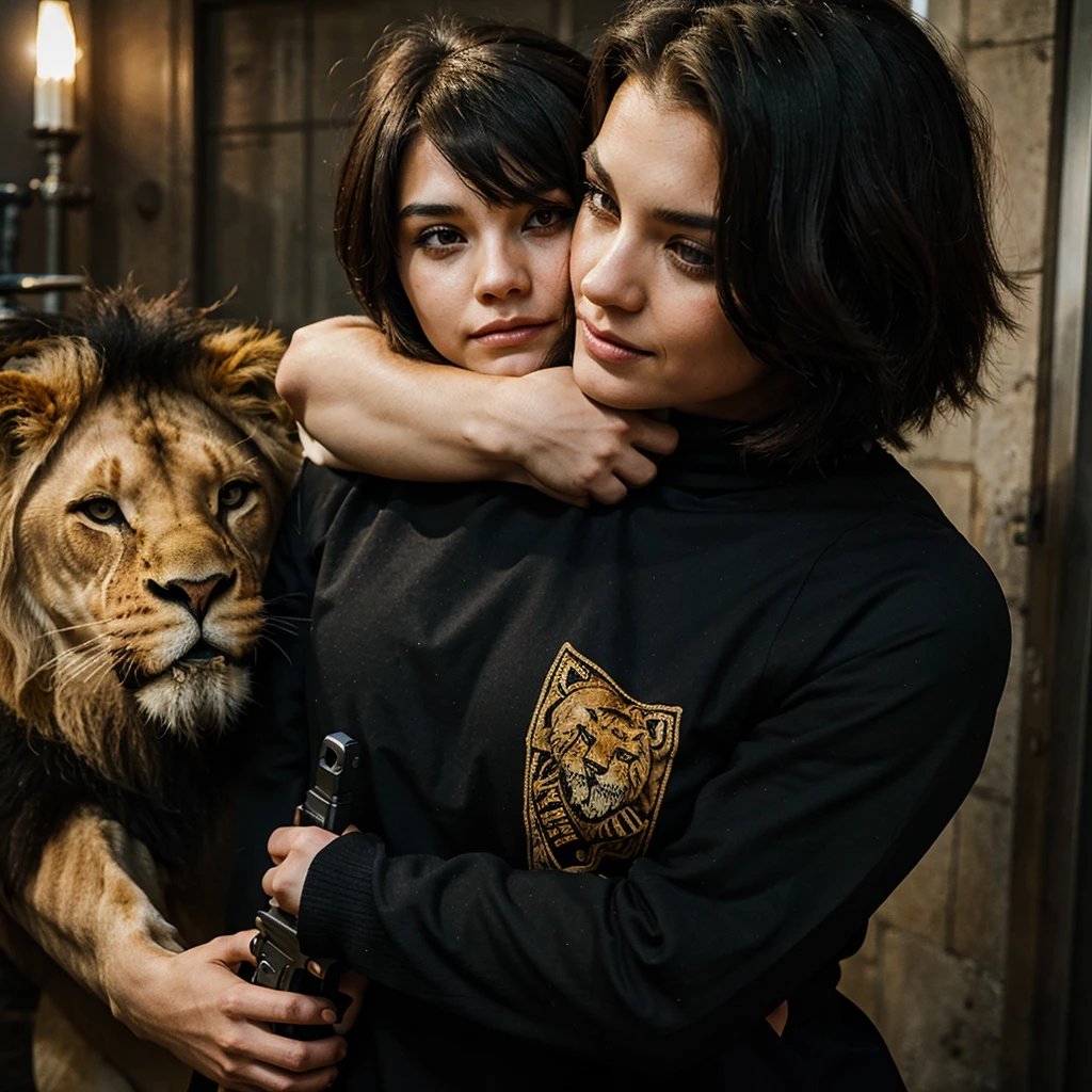 A woman with a "boyhaircut" hugging a lion, with a gun in her hand, she's wearing all black outfit full of blood.