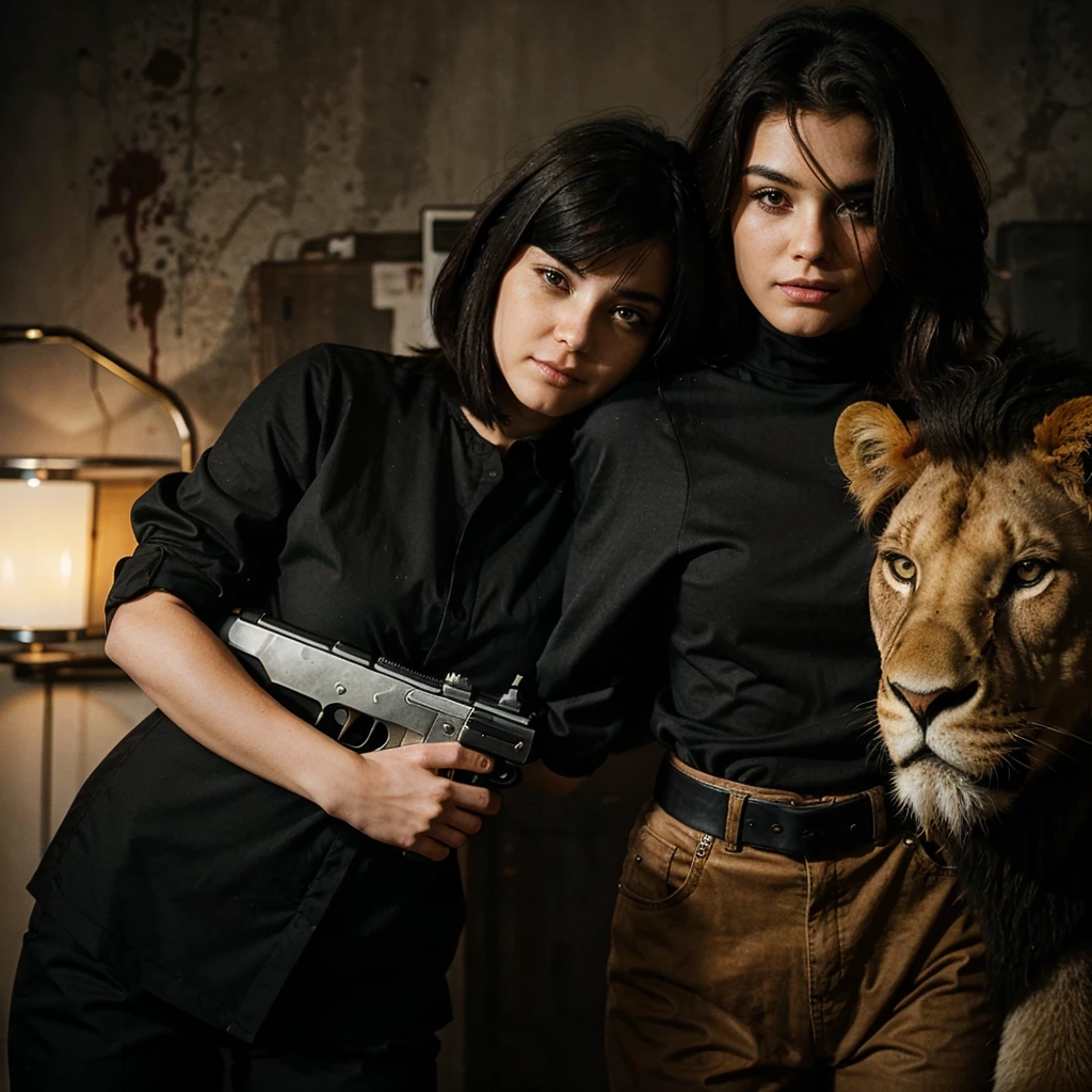 A woman with a "boyhaircut" hugging a lion, with a gun in her hand, she's wearing all black outfit full of blood.