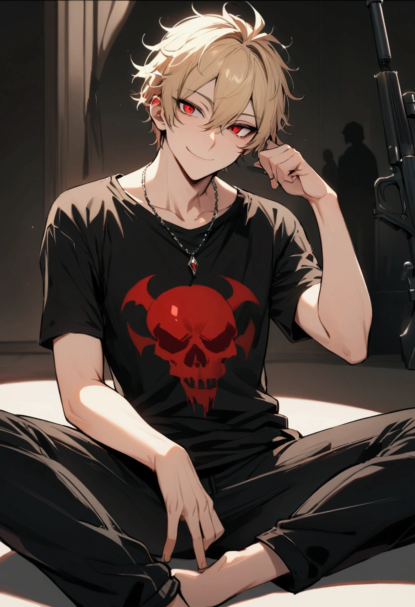 One boy,good looking,18-year-old,Sniper arrested,Sitting, smile, Get your gun ready?,Target your audience,Target your audience,,Perfect Face, High quality face, Very detailed face, short hair, blonde, Messy Hair, Red eyes Red eyes,vampire, Black T-shirt,Black T-shirt,Plain T-shirt,Short sleeve T-shirt, Black trousers, necklace,Very detailed, Ultra HD